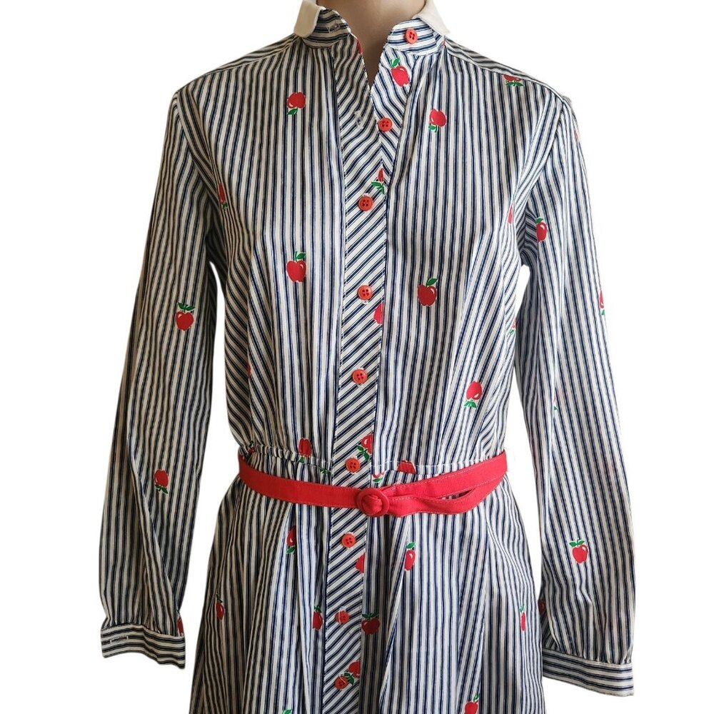 Vintage Lanz 1970s Belted Shirt Dress Teacher Apple Stripes Print Size 11/12 - Picture 6 of 16